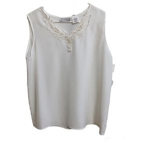 Kathy Che Sleeveless Lace Pearl Embellishments White Blouse-Size Large New
